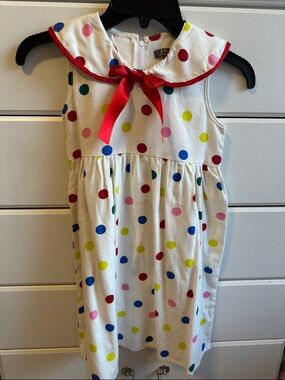 Children's White Polka Dot Casual Dress with Red Trim